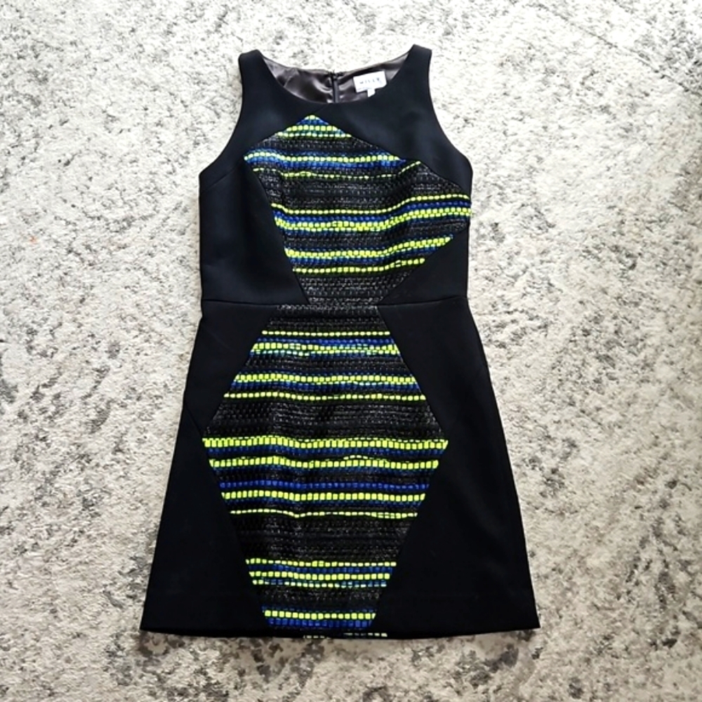 Milly neon geometric tweed knit high neck sheath dress